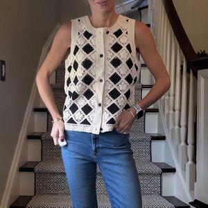 CeCe Black and Cream Sleeveless Crochet Vest Top